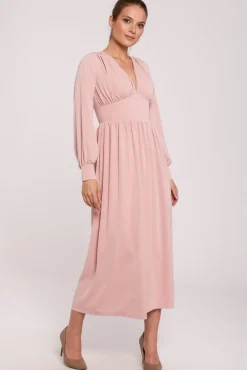 Discount ukienka axi dopaowana w taii z dekote V - pudrowa Maxi|Sukienki Wieczorowe