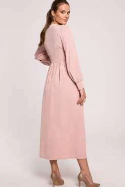 Discount ukienka axi dopaowana w taii z dekote V - pudrowa Maxi|Sukienki Wieczorowe