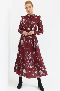 New ukienka axi z fabaną i nadrukie - bordowa Maxi|Sukienki