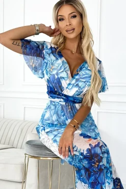 Outlet Sukienka maxi z wiązaniem w pasie - niebieskie duże kwiaty - siatka W Kwiaty|Maxi