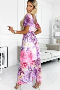 Hot Sukienka maxi z wiązaniem w pasie - fioletowo-różowe duże kwiaty - siatka W Kwiaty|Maxi