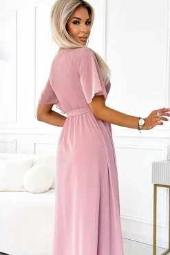 Clearance Sukienka maxi z wiązaniem w talii - pudrowa Maxi|Kolory I Printy Sezonu
