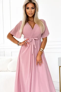 Clearance Sukienka maxi z wiązaniem w talii - pudrowa Maxi|Kolory I Printy Sezonu