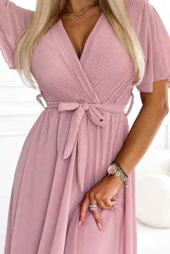 Clearance Sukienka maxi z wiązaniem w talii - pudrowa Maxi|Kolory I Printy Sezonu