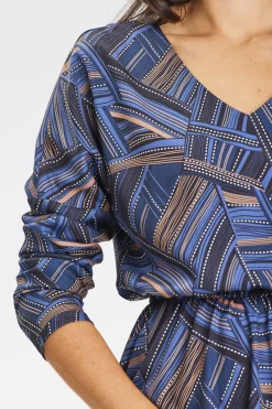 Discount ukienka idi z długii rękawai – granatowo-brązowa Sukienki|Midi