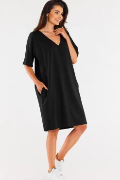 Online Sukienka oversize z krótkim rękawem - czarna Sukienki Dzianinowe|Sukienki