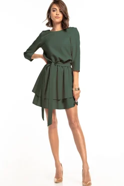 Clearance ukienka rozkozowana z wiązanie w taii - khaki Dobry Skład|Sukienki
