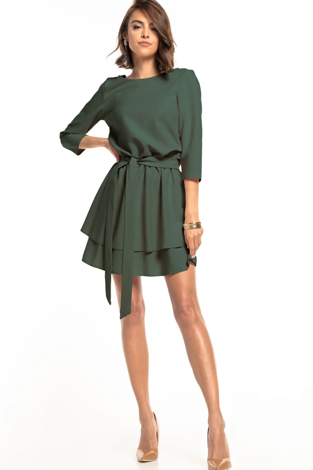 Clearance ukienka rozkozowana z wiązanie w taii - khaki Dobry Skład|Sukienki