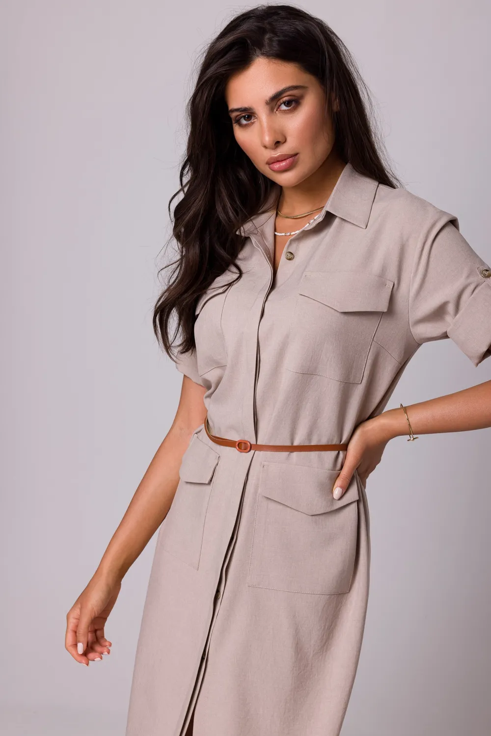 Outlet ukienka zizjerka z kiezeniai - beżowa Sukienki Koktajlowe|Sukienki