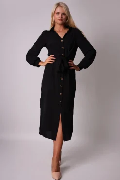 Outlet Sukienka szmizjerka z wiązaniem w pasie - czarna Sukienki Koktajlowe|Sukienki