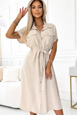 Hot Sukienka szmizjerka z wiązaniem w pasie - beżowa Sukienki