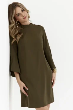 ukienka trapezowa z zerokii rękawai - khaki Sukienki Koktajlowe|Sukienki