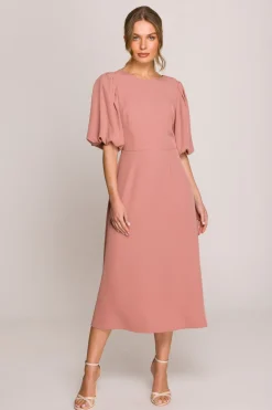 Clearance ukienka z bufiatyi rękawai - różana Sukienki Na Wiosnę|Midi