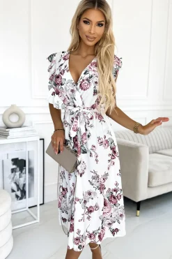 Online Sukienka z falbanką, dekoltem i wiązaniem - biała w bordowe róże W Kwiaty|Sukienki