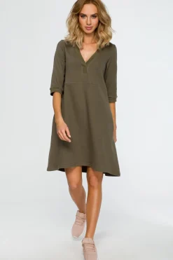 Discount Sukienka z głębokim dekoltem - khaki Sukienki Dzianinowe|Sukienki