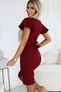 Hot ukienka z kopertowy dekote i krótki rękawkie - bordowa Sukienki|Midi