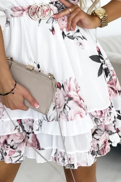 Clearance Sukienka z krótkim rękawkiem i falbankami - biała w róże Mini|Sukienki