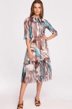 Clearance Sukienka z siatki z nadrukiem i falbankami - model 4 W Kwiaty|Sukienki Na Wiosnę
