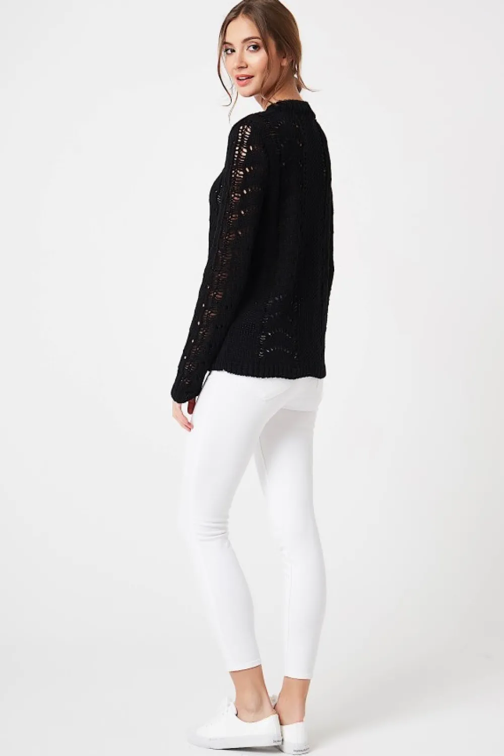 Discount Sweter ażurowy z długim rękawem - czarny Swetry