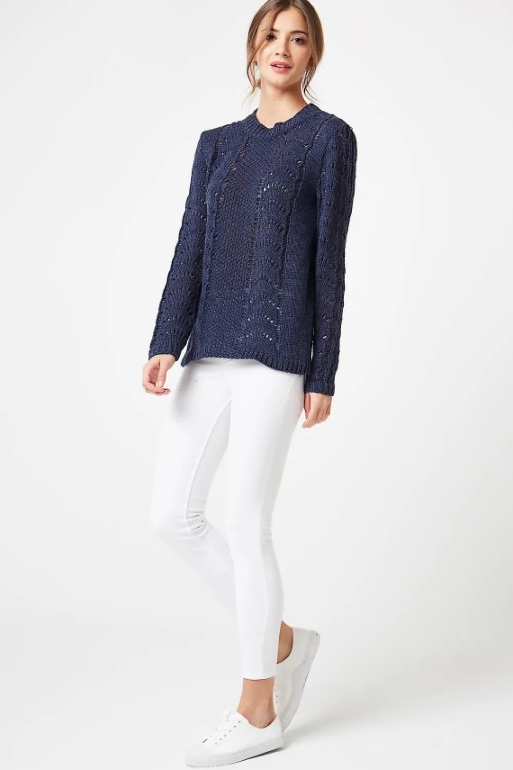 Discount Sweter ażurowy z długim rękawem - jeansowy Swetry