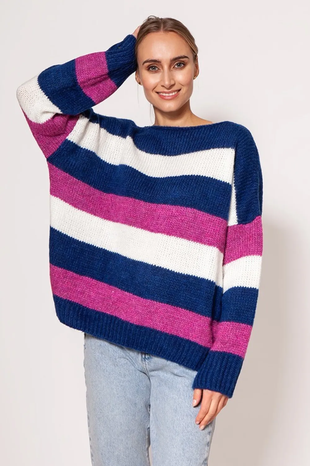 Discount Sweter oversize w paski - kobaltowo-różowy Swetry