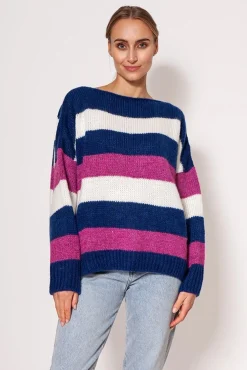 Discount Sweter oversize w paski - kobaltowo-różowy Swetry