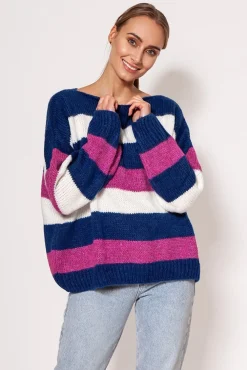 Discount Sweter oversize w paski - kobaltowo-różowy Swetry