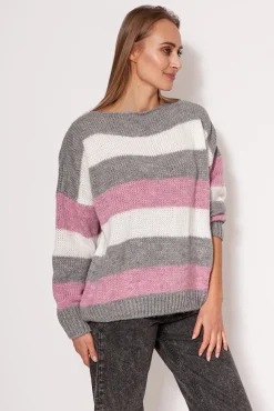 Outlet Sweter oversize w paski - różowo-szary Swetry