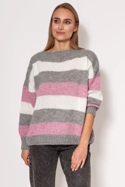 Outlet Sweter oversize w paski - różowo-szary Swetry
