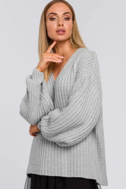 Outlet Sweter oversize z dekoltem w serek - popielaty Swetry