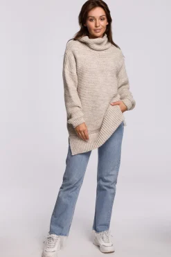 Sweter oversize z golfem - beżowy Swetry