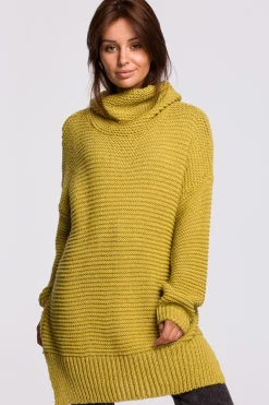 Sweter oversize z golfem - limonkowy Swetry