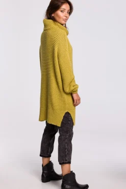 Sweter oversize z golfem - limonkowy Swetry