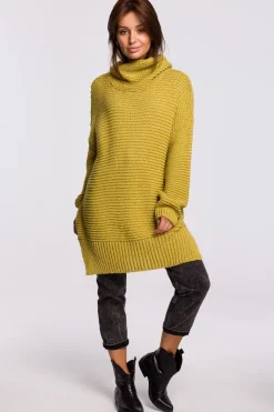 Sweter oversize z golfem - limonkowy Swetry