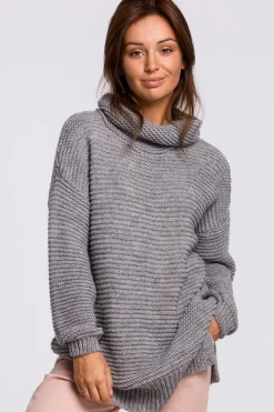 Best Sweter oversize z golfem - szary melanż Swetry