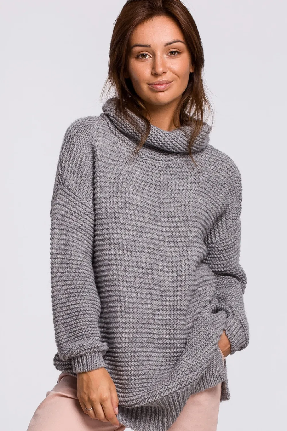 Best Sweter oversize z golfem - szary melanż Swetry