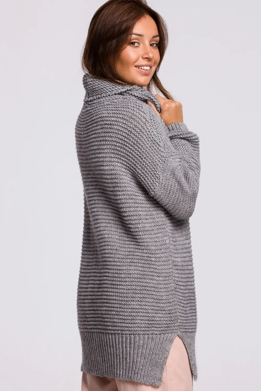 Best Sweter oversize z golfem - szary melanż Swetry