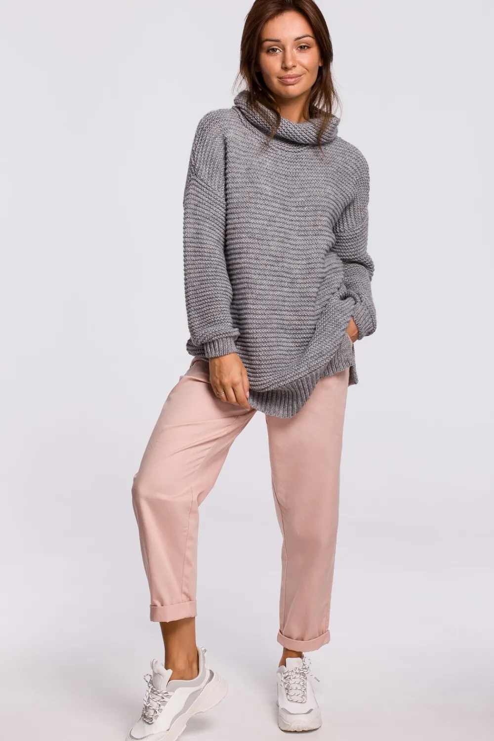 Best Sweter oversize z golfem - szary melanż Swetry
