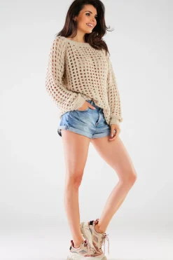 Sweter oversize z luźnymi rękawami - beżowy Swetry