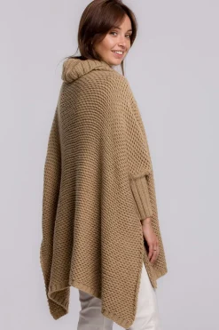 New Sweter ponczo z rękawami i golfem - kamelowy Swetry