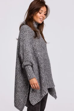 Online Sweter ponczo z rękawami i golfem - antracytowy melanż Swetry