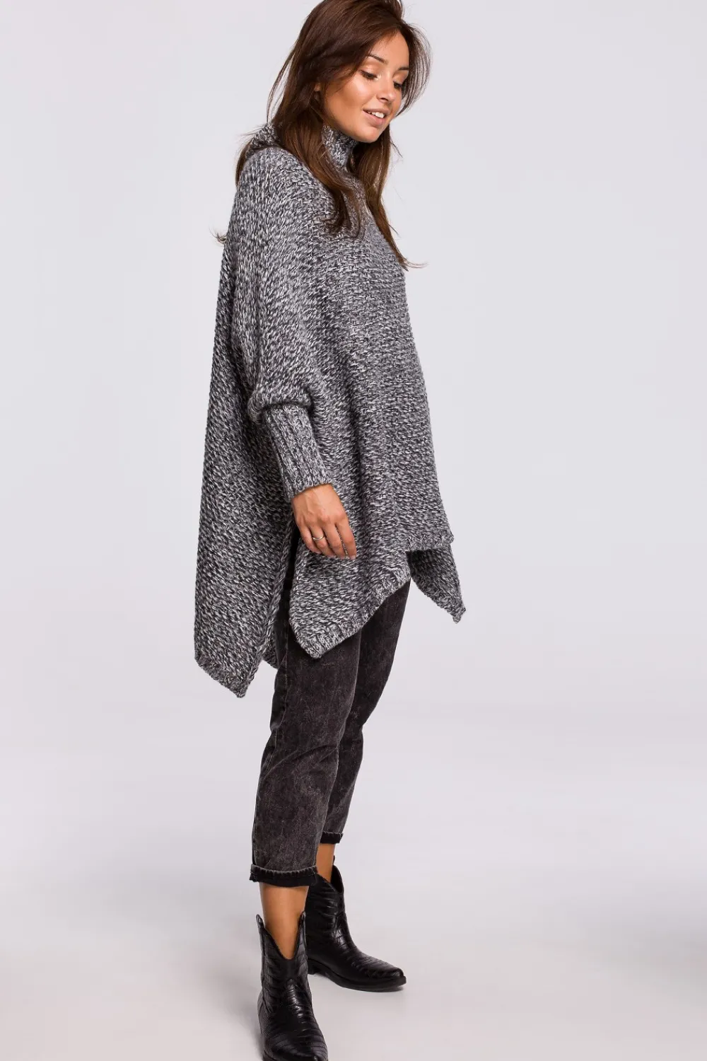 Online Sweter ponczo z rękawami i golfem - antracytowy melanż Swetry