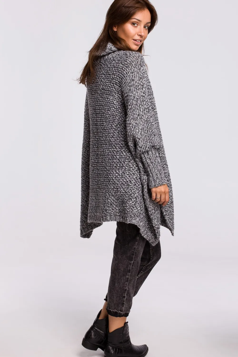 Online Sweter ponczo z rękawami i golfem - antracytowy melanż Swetry