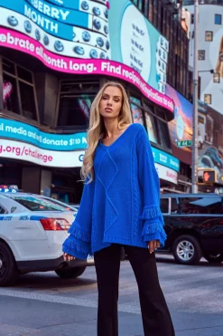 Outlet weter w tyu boho z frędzai - zafirowy Swetry