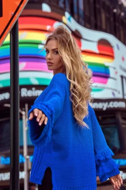 Outlet weter w tyu boho z frędzai - zafirowy Swetry