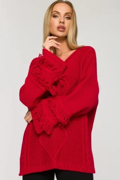 Sweter w stylu boho z frędzlami - malinowy Swetry