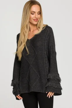 Sweter w stylu boho z frędzlami - grafitowy Swetry