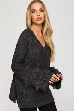 Sweter w stylu boho z frędzlami - grafitowy Swetry