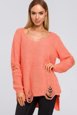 Hot Sweter z dziurami - brzoskwiniowy Swetry