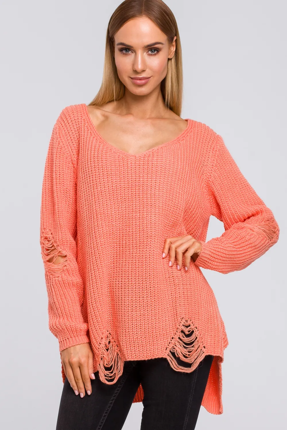 Hot Sweter z dziurami - brzoskwiniowy Swetry